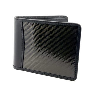 Schwarzes Top Grain Leder und Kohlefaser Brieftasche - Schlanke, reich aussehende Brieftasche aus Kohlefaser und Leder - Bi-Fold RFID-blockierende Brieftasche