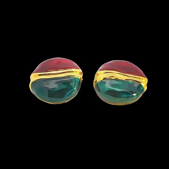 Emerald Green and Ruby Color Enamel Clip-On Earri… - image 3