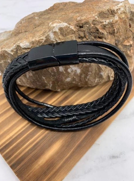 Men's Leather Bracelet, Braided Band, Easy Slide … - image 2