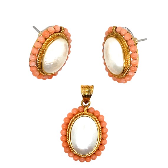 Peach Coral & Faux Pearl Pendant and Earrings, Ti… - image 3