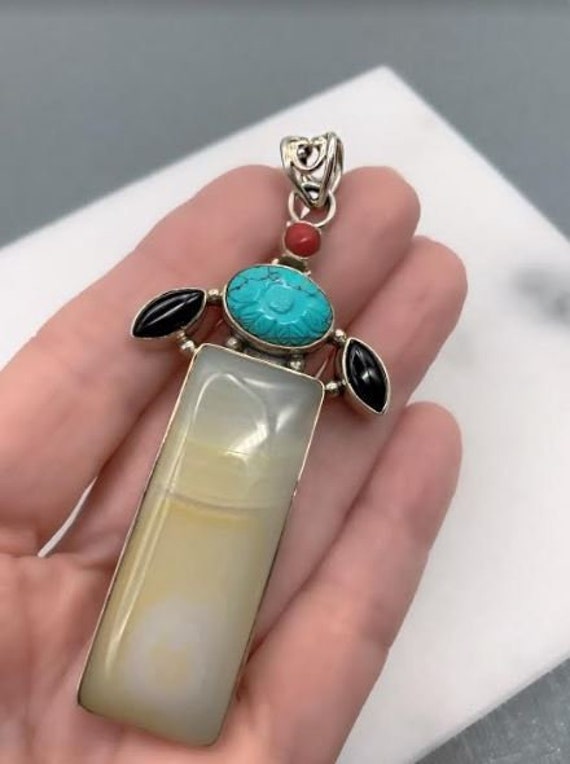 Turquoise and Agate Sterling Silver Pendant, Recta