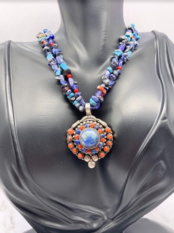 one Necklace Nepalese lapis lazuli turquoise coral turuqoise carnelian great holiday gift