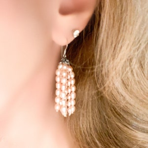 Pearl & Sterling Silver Dangle Earrings, Tiny Pink Seed Pearls, Long Multiple Strands, Vintage Drop Cluster Beads, Bridal Pearl Jewelry