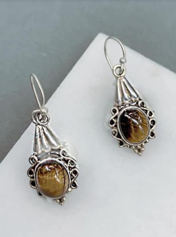 Tigers Eye Sterling Silver Earrings, Gold and Brow