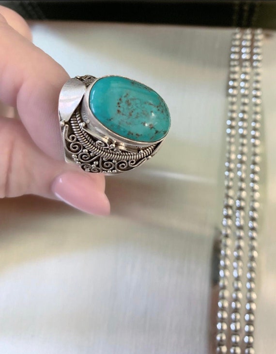 Turquoise Sterling Silver Ring, Large Turquoise G… - image 1