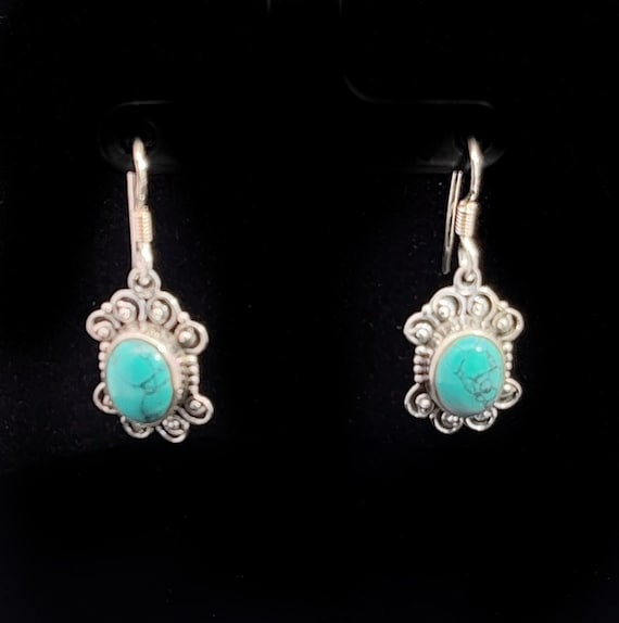 Boucles D'Oreilles Vintage En Métal Argenté Avec Pierre Turquoise - 3cm, Occasion