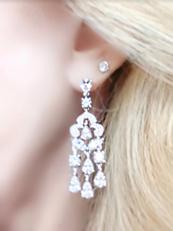 Chandelier Earrings, Platinum Plated 925 Sterling, Multifaceted