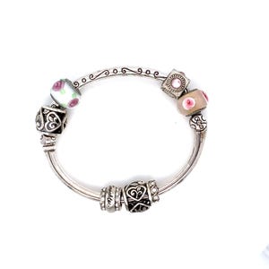 Brighton Silver Charm Bangle Bracelet, Accented with Swarovski Crystals, Pink Flower Beads, Swirl Motifs, Daughter Charm, Retired Brighton