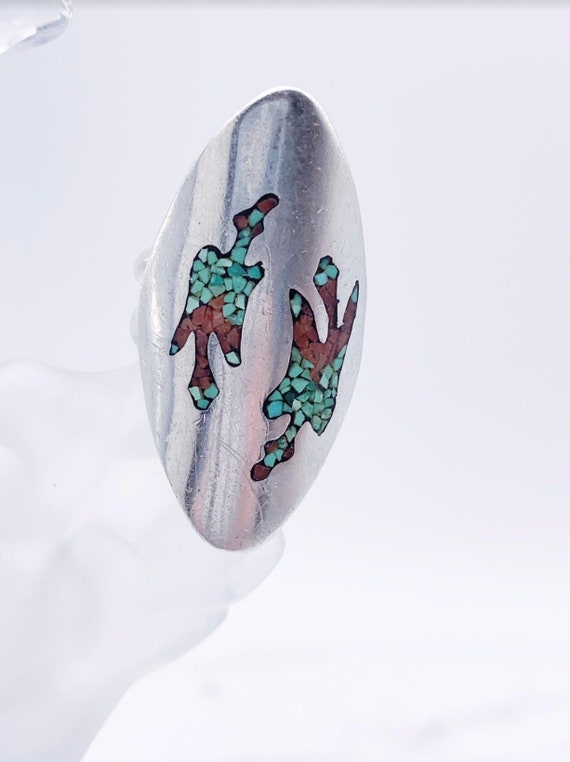 Sterling Silver Turquoise and Coral Ring, Zuni Vi… - image 2