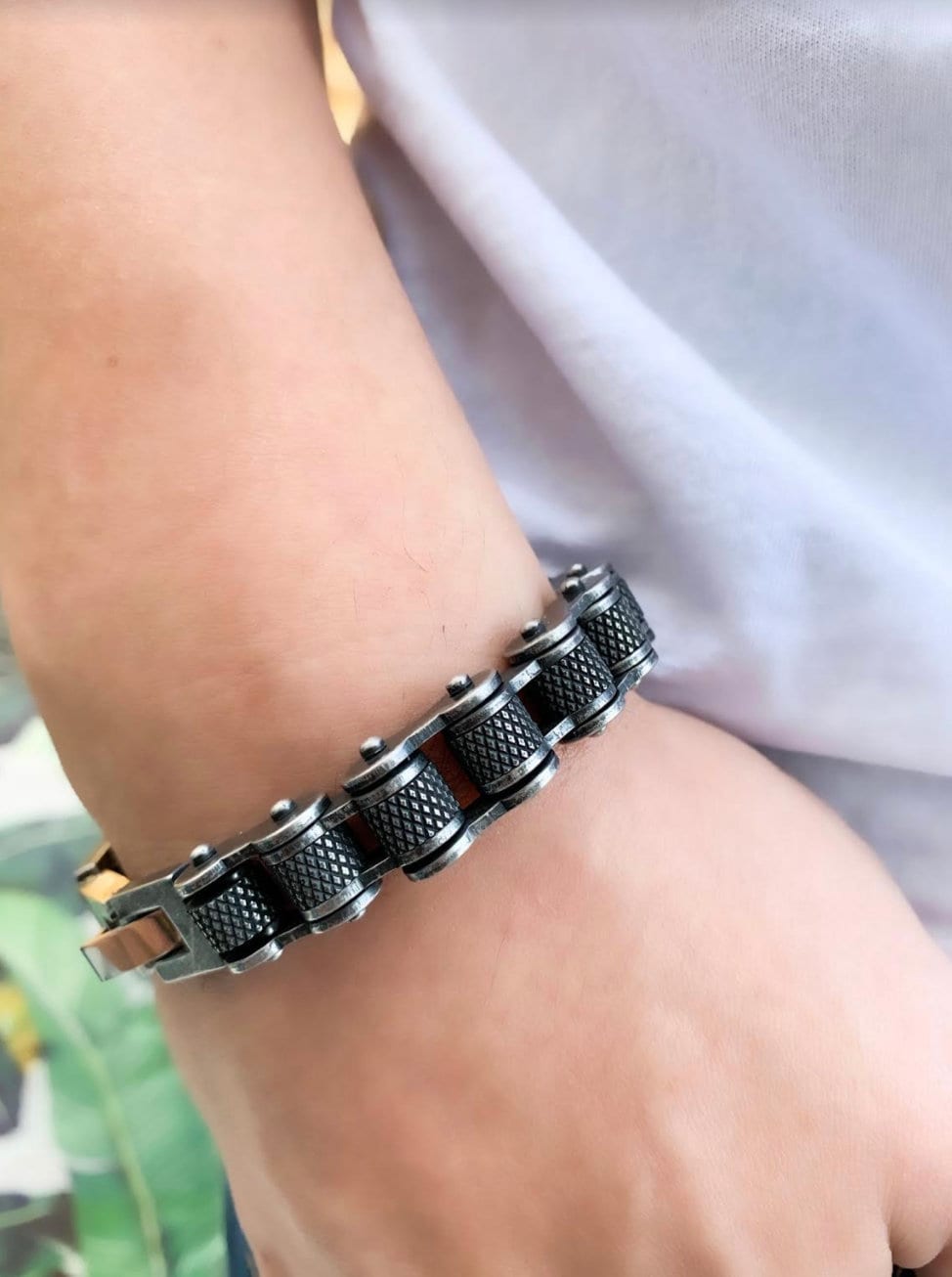Biker Chain Bracelet, Edgy, Modern, Black Antique Finish Stainless Steel Bicycle Jewelry, Solid Quality, Black Cyclist Jewelry, Motorcycle