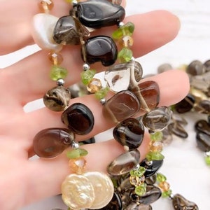 Smokey Quartz, Mother of Pearl and Crystal Beaded Necklace, 3 Strands Green & Gold Crystals, MOP Golden and Smokey Quartz, Matching Earrings
