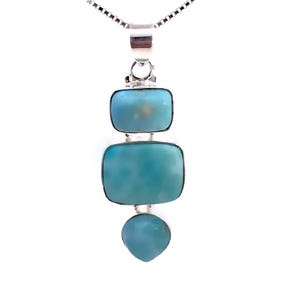 Larimar Sterling Silver Pendant, Three Dominican Larimar Stones, Caribbean Blue Pendant, Silver Vintage Necklace, Quality Fine Jewelry