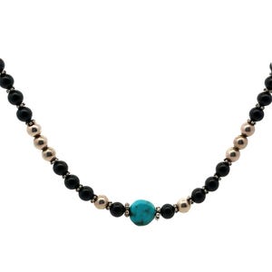 Collier de perles en onyx noir, pépite de turquoise, perles rondes en argent sterling, fermoir à bascule en argent sterling, argent sterling vintage,