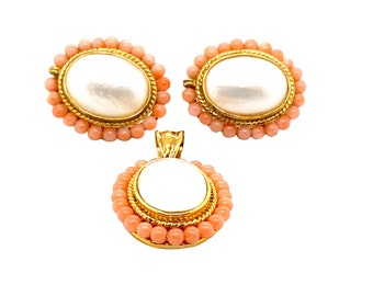 Peach Coral & Faux Pearl Pendant and Earrings, Tiny Peach Coral Beads Surrounding  Oval White Pearl , Matching Jewelry Set, Gold Toned