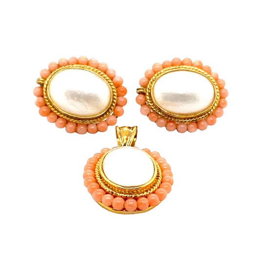 Peach Coral & Faux Pearl Pendant and Earrings, Ti… - image 1