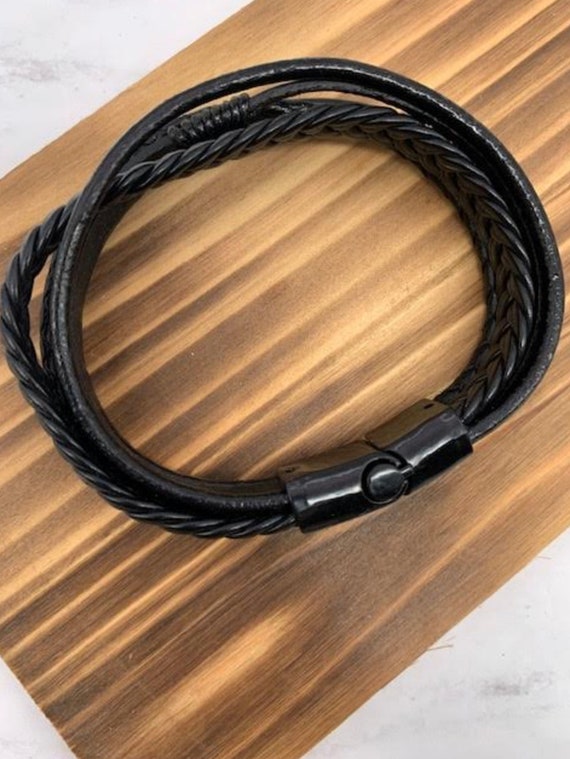 Men's Leather Bracelet, Braided Band, Easy Slide … - image 5