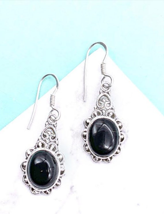 Sterling Silver Black Onyx Earrings, Detailed Swi… - image 4