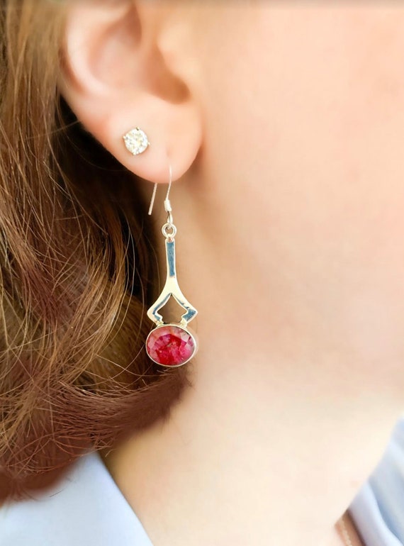 Sterling Silver Ruby Dangle Earrings, Opaque Ruby 