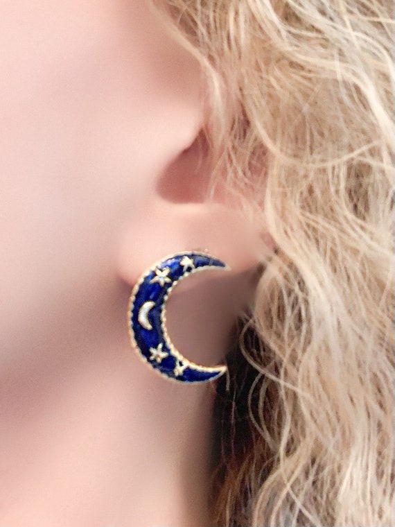 Moon and Star Dark Blue Enamel & Gold Brass Earrin
