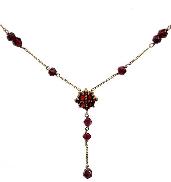 Red Garnet 10k Yellow Gold Necklace, Floral Ruby … - image 1