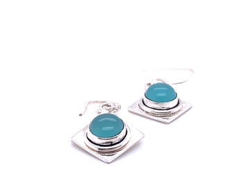 Boucles d’oreilles en calcédoine bleue, ensemble en argent sterling, calcédoine ronde, boucles d’oreilles Dangle, boucles d’oreilles Drop vintage, boucles d’oreilles Sky Blue Dangle