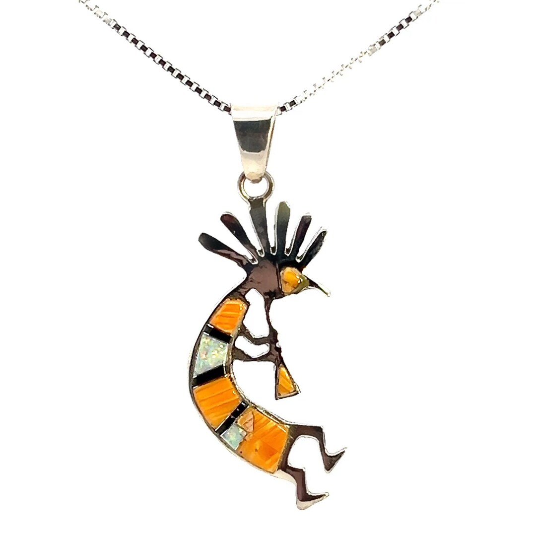 Sterling Silver Kokopelli Necklace, Orange Agate & Opal Inlay