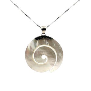 Mother of Pearl and Sterling Silver Pendant/Necklace, Iridescent Mother of Pearl, Cut Out Spiral, Thick Rope Link Chain, MOP Ocean Jewelry