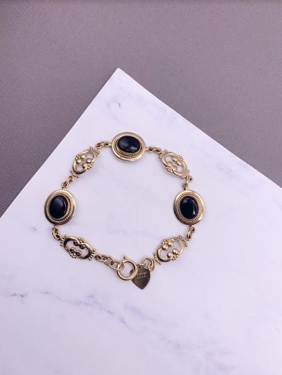 Black Onyx 14K Gold Filled Bracelet, Oval Black O… - image 1