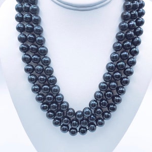 Collier Onyx Noir, Collier Onyx Argent Sterling & Noir, Trois Brins, Fermoir Floral 925, Élégant Collier Onyx Noir de 20 pouces de Long