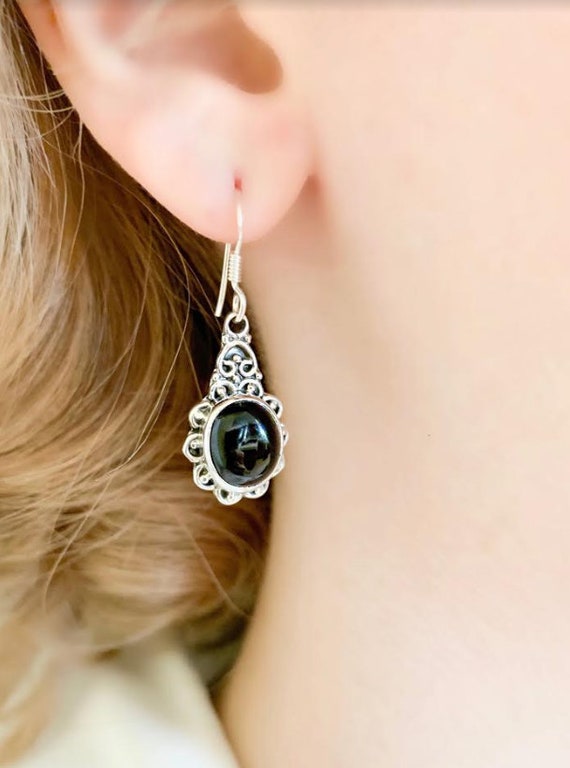 Sterling Silver Black Onyx Earrings, Detailed Swi… - image 2