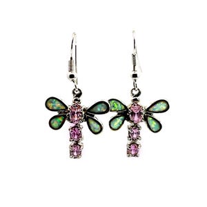 Sterling Silver Dragonfly Earrings, Mother of Pearl Wings, Pink Cubic Zirconia Dragonfly, Dangle, Drop Earrings, Iridescent Mother of Pearl