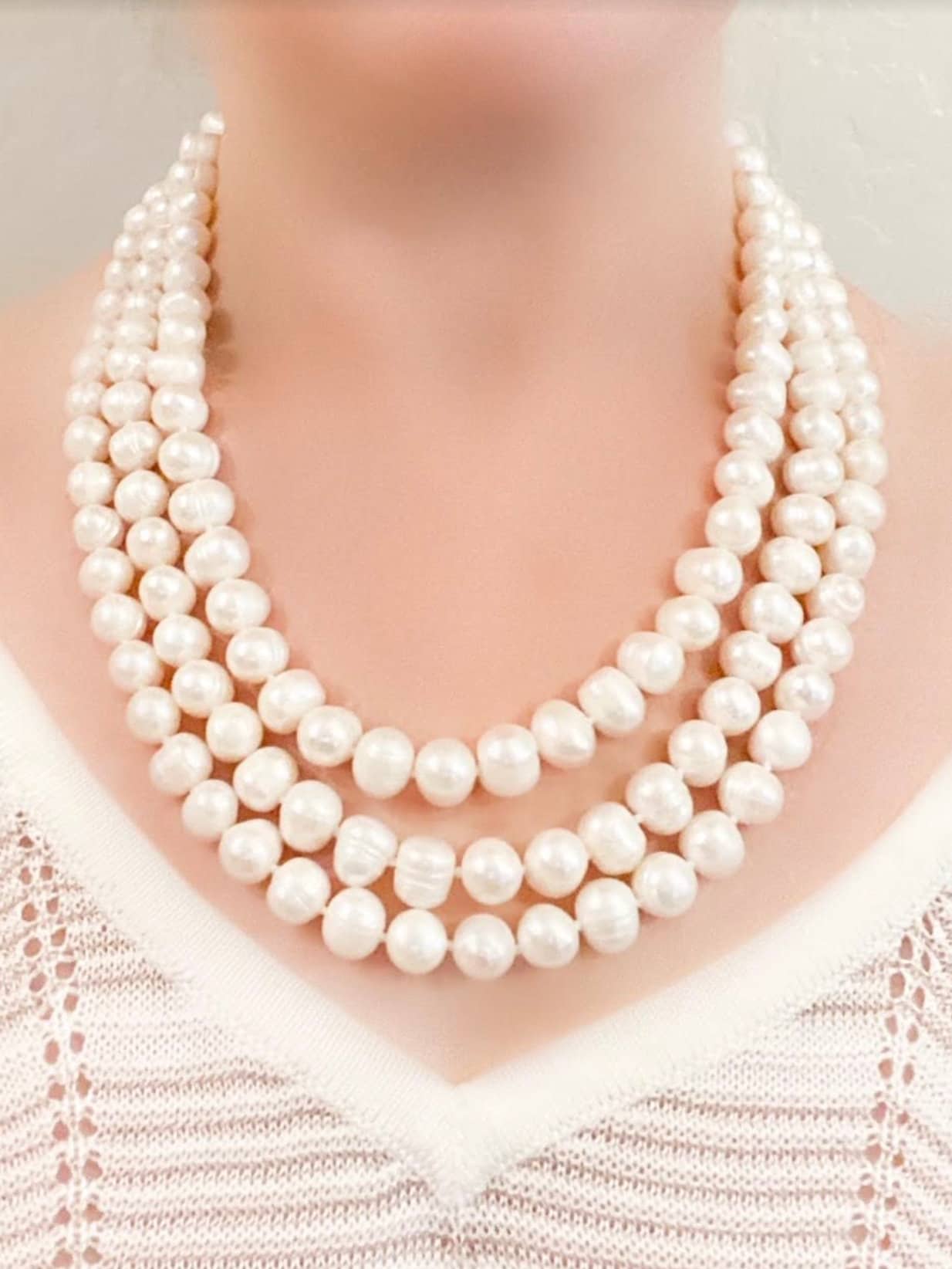 Collier Vintage 3 Rangs De Perles Baroques Blanches Nacrées - Bijou Rétro - Occasion