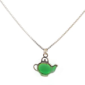 Green Teapot Charm Necklace, Teapot Pendant, Sterling Silver Charm, Tea Jewelry, Green Glass Teapot, Charm Necklace
