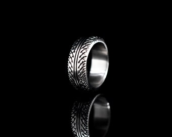Treadwear Rings, Stainless Steel Silver Ring, Wheel, Tire, Etched Band, Automotive Strong Quality, Men's Band, Wheel Ring, Textured Tire