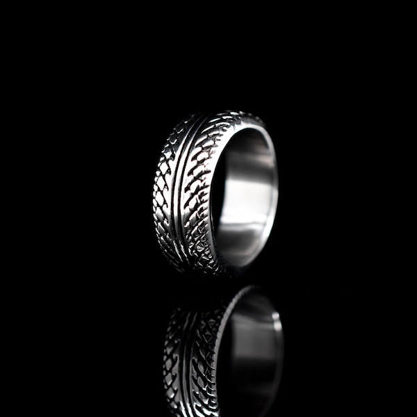 Treadwear Rings, Stainless Steel Silver Ring, Wheel, Tire, Etched Band, Automotive Strong Quality, Men's Band, Wheel Ring, Textured Tire