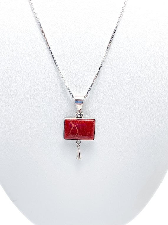 Red Coral Sterling Silver Necklace, Rectangle Red 