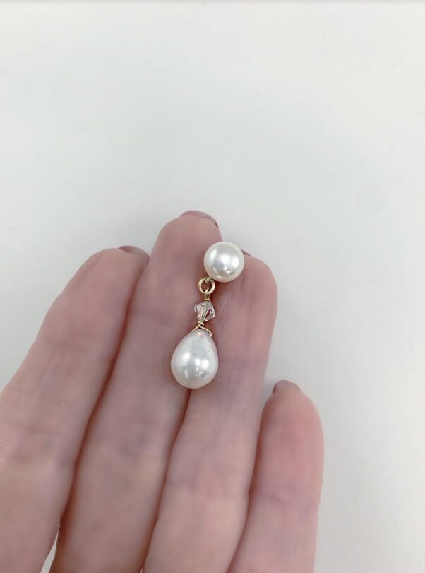 14K Gold Pearl and Swarovski Crystal Earrings, Dainty