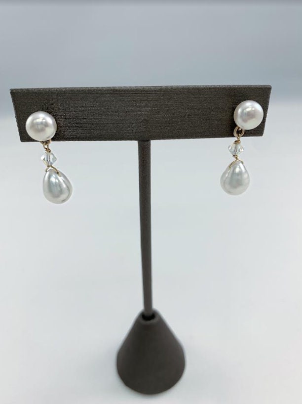 14K Gold Pearl and Swarovski Crystal Earrings, Dainty