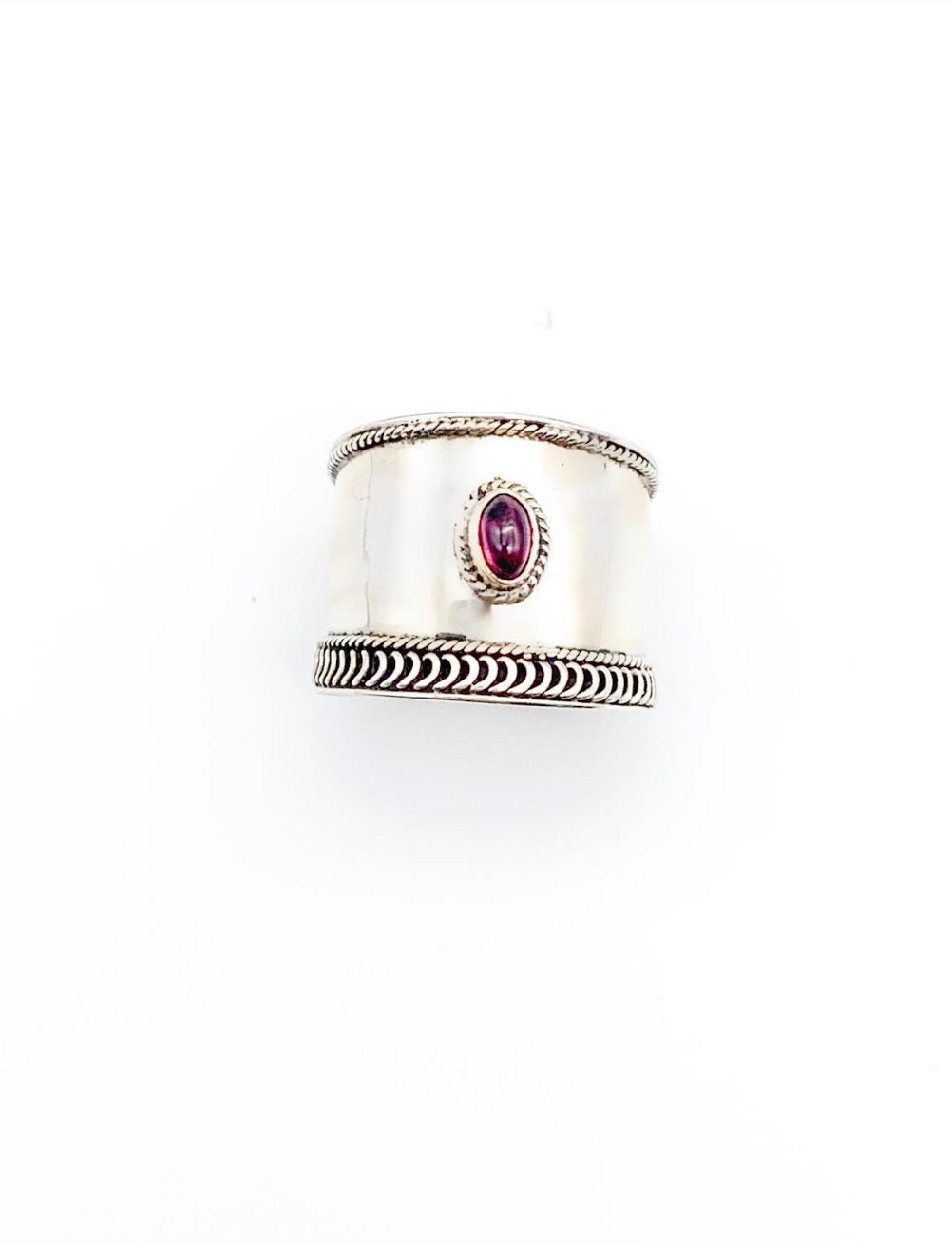 Sterling Silver wide band with Amethyst gemstone, purple gemstone, February birthstone, Wide Statement ring,