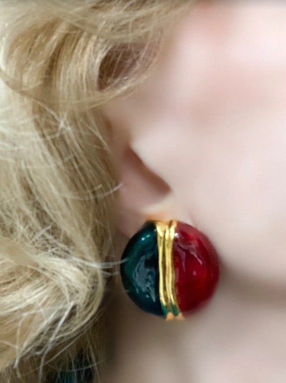 Emerald Green and Ruby Color Enamel Clip-On Earri… - image 2