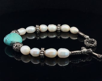 Turquoise and Freshwater Pearl Bracelet, Large Turquoise