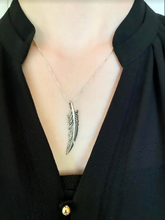 Sterling Silver Feather Necklace, Long Detailed Fe