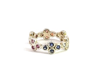 Multi-Color Gemstone Sterling Silver Ring, Bezel Set Gemstones, Pink Tourmaline, Citrine, Sapphire, Garnet, Sterling Setting, Vintage