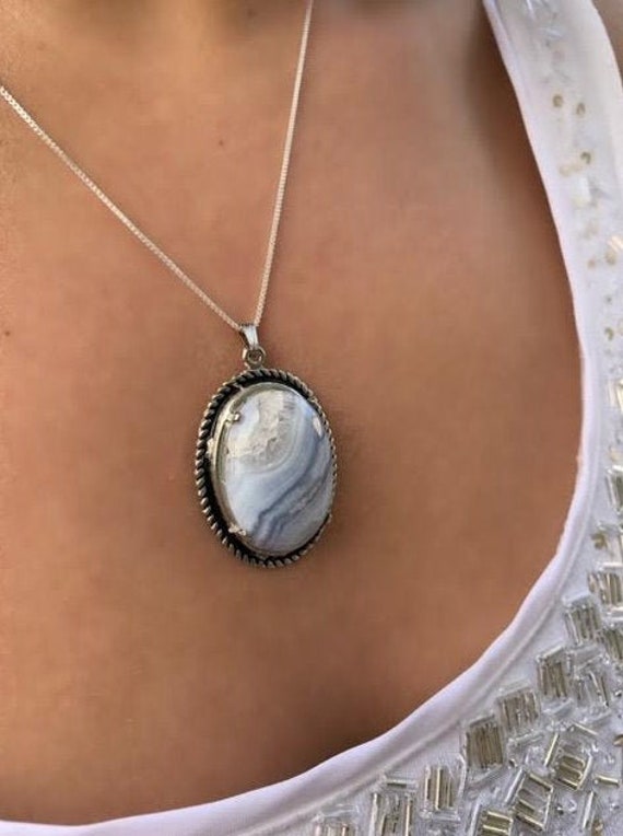 Blue and White Marbled Pendant/Necklace, Set in Sc