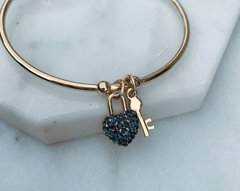 Gold, Sapphire Cubic Zirconia Heart and Key charm cuff bracelet, Non Allergic Rhodium Plated, Blue CZ's, Key to my heart dangle charm cuff