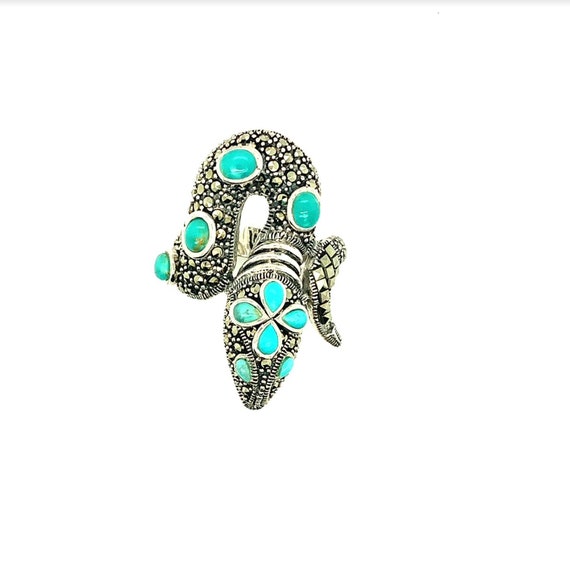 Turquoise & Sterling Silver Marcasite Snake Ring,… - image 2