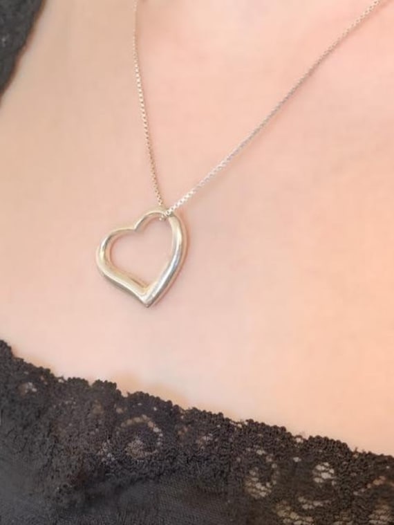 Sterling Silver Heart Necklace, Shinny Open Heart… - image 1