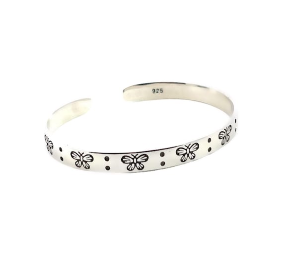 Sterling Silver Simple Cuff Bracelet, Engraved Bu… - image 1