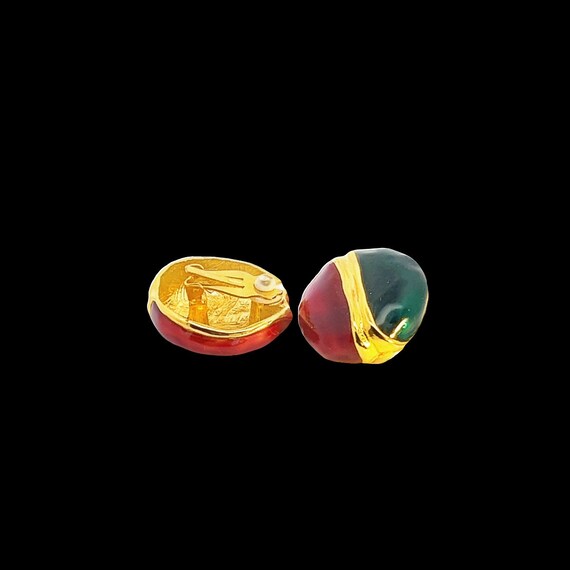 Emerald Green and Ruby Color Enamel Clip-On Earri… - image 5
