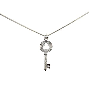 Sterling Silver Clover Key Pendant CZ Key Necklace, Sterling Silver Key Necklace, CZ Key to my Heart Necklace, CZ Gemstone Necklace